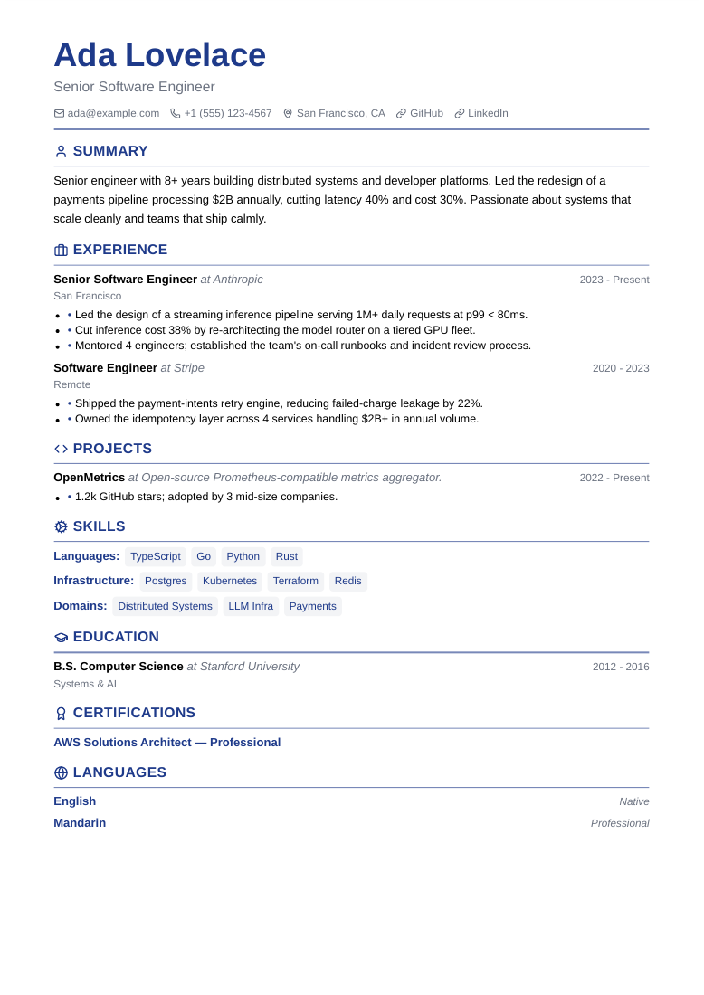 First page of the retained Chromium Professional resume PDF, including the visible skills section
