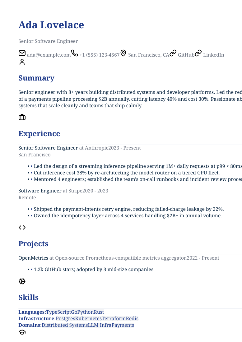 First page of the retained WeasyPrint Professional resume PDF for comparison with its extracted skills text