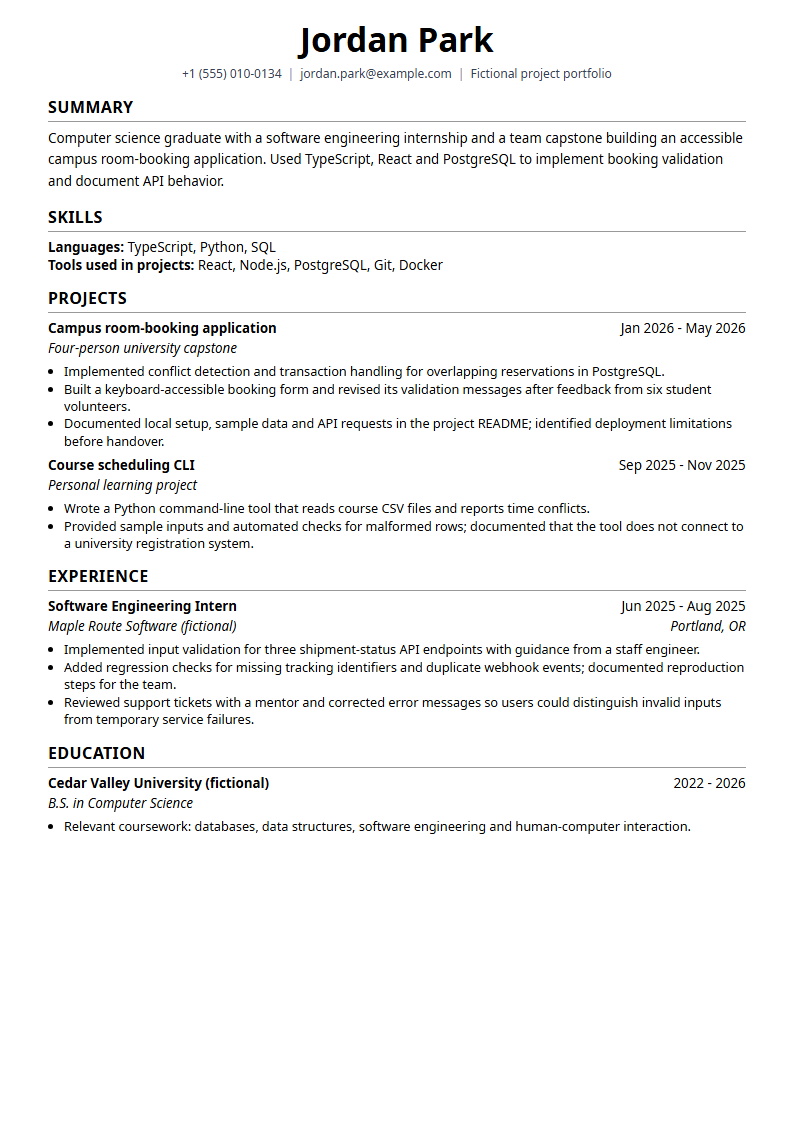 Fictional Jordan Park graduate resume in the Minimal template